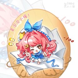 Rule 34 | 1girl, bare shoulders, barefoot, beads, beret, blue bow, blue bowtie, blue dress, blue sleeves, blush stickers, bow, bowtie, brown eyes, bubbly voyage (infinity nikki), chibi, chinese commentary, chinese text, collared dress, commentary request, detached sleeves, double v, dress, egg, food-themed creature, frilled dress, frills, hair ornament, hair rings, hairclip, hat, hat bow, hat ornament, highres, infinity nikki, looking at viewer, nikki (nikki), nikki (series), one eye closed, open mouth, pink hair, puffy short sleeves, puffy sleeves, rabbit hair ornament, short hair with long locks, short sleeves, sidelocks, smile, star (symbol), star hat ornament, strapless, strapless dress, tareme, translation request, v, white background, white hat, yiliwa, zoom layer