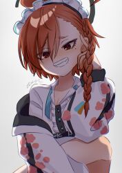 1girl :d blue_archive braid breasts commentary_request fang frills grey_background grin hair_between_eyes halo highres jacket maid_headdress mole mole_under_eye neru_(blue_archive) open_mouth orange_hair print_jacket red_eyes shirt signature smile solo tawashi_(hoisassa) teeth white_shirt