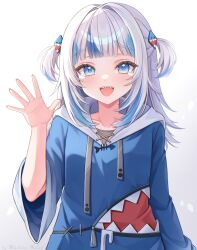 1girl artist_name blue_eyes blue_hair blue_hoodie collarbone eyelashes gawr_gura gawr_gura_(1st_costume) grey_hair hair_ornament highres hololive hololive_english hood hood_down hoodie masshiromelon multicolored_hair open_mouth sharp_teeth smile solo streaked_hair tearing_up teeth two_side_up upper_body virtual_youtuber white_background zipper_pull_tab