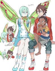 1girl 2boys ankle_boots aqua_hair barefoot boots brown_hair buttons child choker dark-skinned_male dark_skin double-breasted dress eating eureka_(eureka_seven) eureka_seven eureka_seven_(series) grey_eyes hair_between_eyes highres invisible_chair jacket linck long_sleeves looking_at_another multicolored_jacket multiple_boys pants pants_rolled_up purple_eyes renton_thurston rueisi_(namezari) scar shirt short_dress short_hair shorts sitting sketch t-shirt two-tone_jacket white_background white_footwear wings