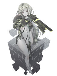 1girl blonde_hair cube devil_summoner_(series) full_body gun highres holding holding_gun holding_weapon jacket leg_up looking_at_viewer red_eyes ringo_(soul_hackers_2) ryokuyuu short_hair shorts sitting solo soul_hackers_2 weapon