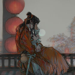 Rule 34 | 1boy, architecture, black boots, black hair, bone, boots, chinese clothes, chinese commentary, closed eyes, coat, coin, coin mask, covered mouth, dao gui yi xian, deepsleepless, east asian architecture, from side, full moon, gourd, hair bun, hair ribbon, hanfu, holding, holding bone, holding sword, holding weapon, holed coin, implied yaoi, lantern, lens flare, li huowang, long hair, long sleeves, looking down, male focus, mask, moon, mouth veil, night, outdoors, paper lantern, profile, red coat, red ribbon, ribbon, single hair bun, sitting, skeleton, skull, solo, spine, spine sword, sword, tree, veil, weapon