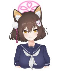 1girl absurdres animal_ear_fluff animal_ears blue_archive blue_sailor_collar blue_shirt blush brown_eyes brown_hair collar commentary_request cropped_torso fang fox_ears hair_between_eyes hair_ornament halo highres hrna izuna_(blue_archive) looking_at_viewer medium_hair neckerchief pink_halo sailor_collar shirt short_sleeves sidelocks simple_background skin_fang smile solo upper_body white_background white_neckerchief