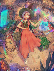 1girl artist_logo barrel berry black_choker black_hat blue_eyes bottle box brown_bag building cable can carrot casting_spell cellphone choker cityscape commentary condenser_unit crate cucumber dated dress earrings facing_viewer fisheye floating_food food food_with_face frown fruit fruit_stand full_body hat highres holding holding_food holding_wand jewelry lettuce logo looking_to_the_side magic medium_hair open_mouth orange_(fruit) original outdoors persimmon phone phone_in_pocket plant potted_plant puddle purple_hair red_dress refrigerator road shirt shoes simz smartphone smartphone_case solo street striped_clothes striped_shirt t-shirt undercut wand watermelon weeds white_shoes witch_hat