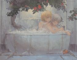 2boys apple bathing bathtub blonde_hair blue_eyes foam food fruit green_eyes grey_hair highres male_focus medium_hair multiple_boys original plant_roots same-sex_bathing shared_bathing short_hair shota tree wsue14 yaoi
