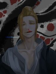 1boy black_background black_jacket blonde_hair blood jacket licking long_hair looking_at_viewer makotoonxx male_focus nosebleed open_mouth ponytail red_background shirt smile tongue tongue_out tower_of_god very_long_hair white_background white_shirt yellow_eyes yu_han_sung