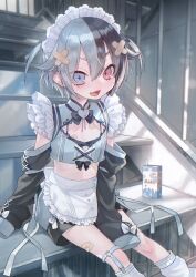 +_+ 1girl absurdres apron bandaid bandaid_hair_ornament bandaid_on_leg black_hair blue_eyes blue_hair commentary_request dancho dancho_(dancyo) detached_sleeves flat_chest hair_ornament heterochromia highres kujirakawa_zoo looking_at_viewer maid maid_headdress milk_carton multicolored_hair open_mouth red_eyes short_hair sitting sleeves_past_fingers sleeves_past_wrists smile solo split-color_hair stairs two-tone_hair two_side_up virtual_youtuber