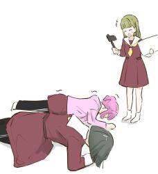 Rule 34 | +++, 3girls, ^ ^, anyoji hime, black pants, blunt bangs, blunt ends, blush, braid, brown dress, center-flap bangs, closed eyes, commentary, dress, green hair, hair bun, hasu no sora school uniform, holding, jacket, kachimachi kosuzu, link! like! love live!, long hair, long sleeves, love live!, medium dress, momose ginko, multiple girls, neckerchief, no shoes, open mouth, pants, pants under dress, pink hair, pink jacket, planking, pleated dress, sailor collar, sailor dress, school uniform, short hair, side braids, sidelocks, simple background, single hair bun, smile, socks, standing, symbol-only commentary, tazaki masanobu, track pants, trembling, virtual youtuber, white background, white sailor collar, white socks, winter uniform, yellow neckerchief