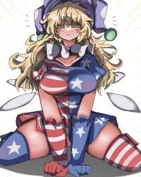 1girl :3 absurdres american_flag american_flag_dress american_flag_gloves american_flag_legwear american_flag_print blonde_hair blush breasts closed_eyes clownpiece collarbone eye20806972 flag_print gloves hat highres jester_cap large_breasts long_hair neck_ruff pointy_ears print_gloves solo thick_thighs thighhighs thighs touhou zettai_ryouiki