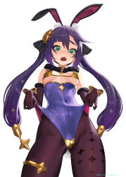 1girl animal_ears bare_shoulders bikini bikini_top_only black_hair black_pantyhose blue_leotard blush breasts cameltoe covered_navel fake_animal_ears genshin_impact gluteal_fold gold_bikini gold_trim green_eyes highleg highleg_leotard highres jewelry leotard long_hair looking_at_viewer medium_breasts mona_(genshin_impact) open_mouth pantyhose pjman playboy_bunny rabbit_ears rabbit_tail simple_background solo swimsuit tail thighlet twintails white_background