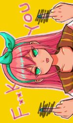 Rule 34 | 1girl, aubrey (faraway) (omori), aubrey (omori), bow hairband, brown sailor collar, censored, censored text, closed mouth, collarbone, commentary, double-parted bangs, double middle finger, english text, frown, green eyes, green hairband, green nails, hair between eyes, hairband, hands up, highres, long hair, looking at viewer, middle finger, nail polish, omori, outline, pink hair, pink outline, portrait, qq (oooomoribiglove), sailor collar, scribble censor, simple background, solo, straight-on, straight hair, symbol-only commentary, tongue, tongue out, transparent censoring, upturned eyes, v-shaped eyebrows, yellow background