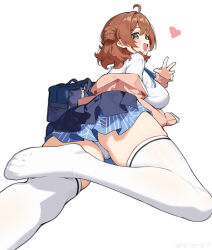 1girl absurdres ahoge ass blue_overskirt blue_ribbon blue_skirt blush breasts brown_eyes brown_hair cardigan commentary_request from_behind gakuen_idolmaster hanami_ume hand_up hatsuboshi_gakuen_school_uniform highres idolmaster large_breasts long_sleeves looking_at_viewer looking_back lying neck_ribbon no_shoes on_stomach open_cardigan open_clothes open_mouth panties pleated_skirt ribbon school_uniform shirt short_hair simple_background skirt smile solo tamago_(eva1314056) teeth thick_thighs thighhighs thighs underwear upper_teeth_only white_background white_panties white_shirt white_thighhighs