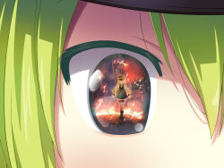 1girl ^_^ alina_gray artist_request black_footwear black_hat black_vest black_wrist_cuffs blunt_ends boots building city closed_eyes collared_shirt collared_vest embers eye_focus eye_reflection fire full_body fur-trimmed_thighhighs fur_trim game_cg green_hair hat lapels long_hair magia_record:_mahou_shoujo_madoka_magica_gaiden magical_girl mahou_shoujo_madoka_magica miniskirt multicolored_skirt notched_lapels official_art open_mouth peaked_cap puffy_short_sleeves puffy_sleeves reflection ribbed_legwear shirt short_sleeves skirt skyscraper smile standing straight_hair thighhighs very_long_hair vest white_shirt white_thighhighs wrist_cuffs