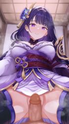 1boy 1girl absurdres armor asymmetrical_sleeves blue_pupils blunt_bangs blur_censor blurry blurry_background braid breasts bridal_gauntlets censored dark-skinned_male dark_skin fan_hair_ornament flower from_below genshin_impact girl_on_top gradient_hair hair_flower hair_ornament happy_sex head_tilt hetero highres huge_breasts indoors japanese_clothes kimono large_breasts long_braid long_hair looking_at_viewer looking_down mitsudomoe_(shape) multicolored_eyes multicolored_hair neck_ribbon no_mole no_panties parted_lips penis pov purple_eyes purple_flower purple_kimono purple_thighhighs pussy raiden_shogun red_ribbon red_sash ribbon sash shoulder_armor single_braid small_penis smile solo_focus spread_legs steaming_body thick_thighs thighhighs thighs tomoe_(symbol) uneven_sleeves welo wide_sleeves
