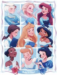 Rule 34 | 6+girls, absurdres, aladdin (movie), apple, ariel (disney), aurora (disney), beauty and the beast (disney), belle (disney), black hair, blonde hair, bow, brave (pixar), brown hair, cinderella (disney character), cinderella (disney movie), company connection, disney princess, dress, elsa (frozen), flore (disney), food, frozen (disney), fruit, hair bow, highres, holding, jasmine (disney), long hair, looking at viewer, melchencanto, merida (brave), merryweather (disney), multiple girls, open mouth, puffy short sleeves, puffy sleeves, red bow, short hair, short sleeves, sleeping beauty (disney), smile, snow white (disney), snow white and the seven dwarfs (disney), the little mermaid (disney), the princess and the frog, tiana (the princess and the frog)