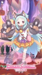 1girl animal_ear_fluff animal_ears bandages bell blue_hair candy commentary dress english_commentary english_text fang food frilled_dress frills full_body fur-trimmed_dress fur_trim ghost gloves hair_ribbon highres jack-o&#039;-lantern long_hair macaron miyako_(halloween)_(princess_connect!) miyako_(princess_connect!) official_art open_mouth princess_connect! pumpkin red_eyes red_ribbon ribbon second-party_source tongue transparent wolf_ears