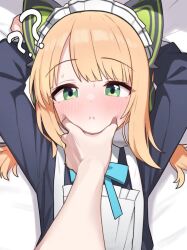 1girl 1other :i ? ?? animal_ear_headphones animal_ears apron aqua_bow aqua_bowtie arms_up bed_sheet black_dress blonde_hair blue_archive blush bow bowtie cat_ear_headphones cat_ears closed_mouth collared_dress contrast_collar dress eyes_visible_through_hair fake_animal_ears frilled_apron frills green_eyes hand_on_another&#039;s_chin headphones highres long_sleeves looking_at_viewer lying maid maid_apron maid_headdress medium_hair midori_(blue_archive) midori_(maid)_(blue_archive) nose_blush official_alternate_costume on_back pov pov_hands saho_4545 sidelocks solo_focus split_mouth sweat third-party_source twintails upper_body white_apron white_headdress