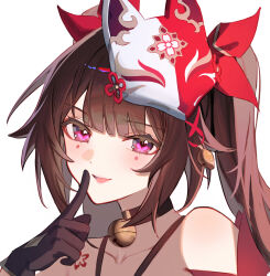 Rule 34 | :d, bare shoulders, bell, black gloves, brown hair, butterfly-shaped pupils, collarbone, commentary, commission, facial mark, finger to mouth, fox mask, gloves, highres, honkai: star rail, honkai (series), jingle bell, long hair, looking at viewer, mask, mask on head, neck bell, open mouth, pink eyes, portrait, shotgunman, simple background, smile, sparkle (honkai: star rail), symbol-shaped pupils, twintails, white background