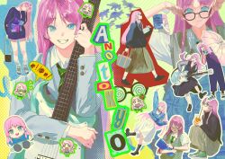 1girl absurdres anger_vein bag bang_dream! bang_dream!_it&#039;s_mygo!!!!! black_bag black_choker black_shirt blue_eyes brown_skirt brown_sweater_vest character_doll chihaya_anon choker clenched_teeth closed_eyes closed_mouth commentary diagonal-striped_clothes diagonal-striped_necktie earrings electric_guitar fangs glasses green_necktie grey_jacket guitar handbag hands_up haneoka_school_uniform hashtag-only_commentary highres holding holding_umbrella instrument jacket jewelry long_hair loose_socks midriff multiple_girls navel necktie open_mouth pink_hair rainbow_hose school_uniform shirt skirt socks striped_clothes sweater_vest teeth umbrella white_skirt white_socks