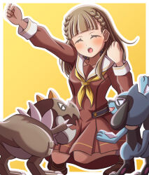 &gt;_&lt; 1girl :o ^_^ blush border braid breasts brown_dress brown_hair brown_shoes center-flap_bangs clenched_hands closed_eyes collarbone commentary_request crossover dinosaur dress full_body ganbarai gen_4_pokemon gen_6_pokemon hasu_no_sora_school_uniform highres kachimachi_kosuzu link!_like!_love_live! loafers long_hair long_sleeves love_live! medium_breasts medium_dress neckerchief nintendo open_mouth outline outside_border pleated_dress pokemon pokemon_(creature) raised_fist riolu sailor_collar sailor_dress school_uniform shoes side_ahoge side_braids socks squatting straight_hair teeth tyrunt upper_teeth_only virtual_youtuber white_border white_outline white_sailor_collar white_socks winter_uniform yellow_background yellow_neckerchief