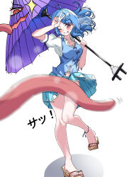 ;q absurdres ahoge barefoot blue_skirt blue_vest commentary_request convenient_censoring full_body geta highres karakasa_obake lobstrater64 looking_at_viewer medium_hair navel one_eye_closed pleated_skirt purple_umbrella red_eyes red_nails short_sleeves simple_background skirt standing standing_on_one_leg tatara_kogasa tongue tongue_out touhou umbrella v vest white_background