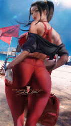 1girl artist_name ass avatar:_the_last_airbender avatar_legends azula bag ball bare_shoulders beach beachball black_hair black_leggings bottle bra breasts duffel_bag ear_piercing earrings female_focus from_behind holding holding_bag holding_bottle hood hoodie jewelry large_breasts leggings lifeguard_chair lips looking_at_viewer looking_back pants piercing ponytail red_bra red_lips red_pants sakimichan signature skindentation solo sports_bra sportswear standing thick_lips thick_thighs thigh_gap thighs turning_head underwear volleyball_(object) water_bottle yoga_pants