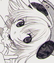 1girl animal_ears chromatic_aberration commentary di_gi_charat dithering frills greyscale hand_up hat highres index_finger_raised looking_at_viewer monochrome panda_ears pepeppepe101 piyoko portrait short_hair sideways solo