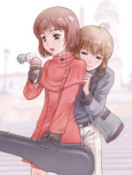 Rule 34 | 00s, 2girls, :p, absurdres, blonde hair, blue eyes, blush, bob cut, brown eyes, brown hair, case, coat, dress, food, gloves, gunslinger girl, henrietta (gunslinger girl), highres, hug, hug from behind, ice cream, lips, md5 mismatch, multiple girls, realistic, resolution mismatch, rico (gunslinger girl), short hair, source larger, spilling, tongue, tongue out, violin case, yoshikawa kazunori