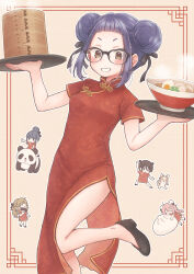 4girls bamboo_steamer steamed_bun black-framed_eyewear blunt_bangs border brown_eyes chibi chibi_inset chikuwa_(yurucamp) china_dress chinese_clothes dog double_bun dress dumpling food glasses grin hair_bun hair_ribbon highres holding holding_food holding_tray inuyama_aoi kagamihara_nadeshiko leg_up loafers looking_at_viewer marrontorisu multiple_girls oogaki_chiaki outside_border panda purple_hair red_border ribbon saitou_ena shima_rin shoes short_eyebrows side_slit sidelocks smile solo_focus standing standing_on_one_leg steam tray yurucamp