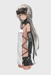 Rule 34 | 1girl, apron, breasts, brown eyes, cowboy shot, cyberpunk, dark-skinned female, dark skin, elbow gloves, expressionless, female focus, fingerless gloves, from side, gloves, grey background, grey hair, head-mounted display, heavily armed high school girls, long hair, looking at viewer, naked apron, neco, null (heavily armed high school girls), original, sideboob, simple background, small breasts, solo, visor