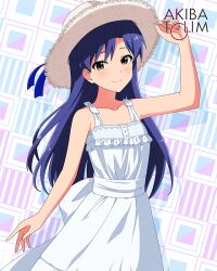 Rule 34 | 1girl, arm up, bare arms, blue hair, brown eyes, closed mouth, collarbone, commentary request, cowboy shot, dress, game cg, hat, idolmaster, idolmaster (classic), idolmaster million live!, idolmaster million live! theater days, kisaragi chihaya, long hair, looking at viewer, official art, sleeveless, sleeveless dress, smile, solo, standing, sun hat, sundress, third-party source, white dress