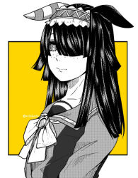 1girl animal_ears bow closed_mouth commentary_request ear_covers freckles greyscale_with_colored_background hair_over_one_eye hairband horse_ears horse_girl kraft_univa_(umamusume) long_hair ringed_eyes sailor_collar sailor_shirt school_uniform shirt single_ear_cover solo tracen_school_uniform umamusume umamusume:_cinderella_gray yagami_otoya yellow_background