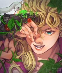 blonde_hair commentary film_grain frog giorno_giovanna green_eyes gun gun_to_head hair_down handgun highres holding holding_gun holding_weapon jacket jojo_no_kimyou_na_bouken leaf male_focus open_mouth partially_shaded_face pink_jacket plant smile snake solo_focus symbol-only_commentary togusa_jj vento_aureo victory_rolls weapon white_background