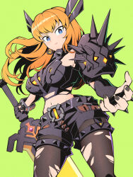 1girl armor black_gloves blonde_hair blue_eyes breasts cleavage cleavage_cutout clothing_cutout crop_top gloves highres holding holding_sword holding_weapon huge_weapon long_hair magik_(x-men) marvel marvel_rivals midriff navel pechamaju short_shorts shorts solo sword thighhighs weapon x-men