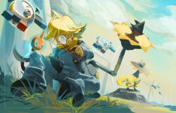 Rule 34 | 1boy, ahoge, amehatobook, blonde hair, blue jumpsuit, clemont (pokemon), cloud, commentary, english commentary, floating, gen 1 pokemon, gen 4 pokemon, gen 6 pokemon, helioptile, holding, holding screwdriver, inset border, jumpsuit, magnemite, male focus, nintendo, on grass, one-eyed, outdoors, pokemon, pokemon (creature), pokemon xy, rotom, rotom (normal), round eyewear, screwdriver, sitting, wind turbine, windmill