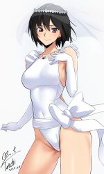 1girl absurdres amagami black_eyes black_hair blush breasts bridal_veil closed_mouth commentary_request competition_swimsuit covered_navel cowboy_shot dated earrings elbow_gloves gloves gluteal_fold hair_between_eyes hand_on_own_chest highleg highleg_one-piece_swimsuit highres jewelry large_breasts looking_at_viewer nanasaki_ai necklace one-piece_swimsuit pendant short_hair signature simple_background smile solo standing swimsuit veil white_background white_gloves white_one-piece_swimsuit yoo_tenchi
