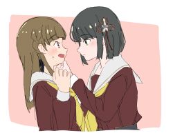 2girls black_bow black_hair blunt_bangs blunt_ends blush bob_cut border bow braid brown_dress brown_hair center-flap_bangs closed_mouth commentary_request dress eye_contact green_eyes hair_bow hand_on_another&#039;s_chin hasu_no_sora_school_uniform highres kachimachi_kosuzu kisaragi_yukitora link!_like!_love_live! long_hair long_sleeves looking_at_another love_live! momose_ginko multiple_girls neckerchief open_mouth outside_border pink_background pink_eyes sailor_collar sailor_dress school_uniform short_hair side_braids simple_background sweatdrop virtual_youtuber white_border white_sailor_collar winter_uniform yellow_neckerchief yuri