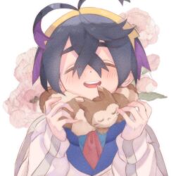1boy black_hair blue_shirt blush closed_eyes crossed_bangs facing_viewer flower furret gen_2_pokemon hair_between_eyes hairband jacket kieran_(pokemon) long_sleeves male_focus nintendo open_mouth pink_flower pokemon pokemon_sv purple_hair scarf shirt simple_background solo teeth upper_body upper_teeth_only white_background white_jacket x654123731526 yellow_hairband