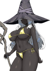1girl bare_shoulders bikini black_hat black_skin breasts cleavage colored_skin covered_erect_nipples dark-skinned_female dark_skin elden_ring elden_ring_nightreign gold_bikini grey_eyes hat highres large_breasts large_hat long_hair looking_at_viewer micro_bikini navel recluse_(elden_ring) sky-freedom solo staff swimsuit thighs white_hair witch witch_hat