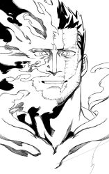 1boy beard_stubble before_and_after boku_no_hero_academia constricted_pupils endeavor_(boku_no_hero_academia) facial_hair fiery_hair fire greyscale highres light_smile looking_at_viewer male_focus mature_male monochrome mustache_stubble portrait pyrokinesis relaxing sanpaku sashimi_oran scar scar_across_eye scar_on_face short_hair solo spiked_hair straight-on stubble tsurime upper_body