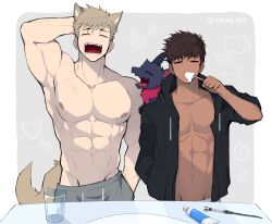 2boys aark0 abs absurdres animal_ears bara black_hoodie blonde_hair border brown_hair brushing_teeth cat_ears cat_tail closed_eyes glass grey_background grey_pants highres hood hoodie multiple_boys muscular muscular_male nipples open_clothes open_hoodie open_mouth original pants pectorals pet sharp_teeth short_hair tail tan teeth tongue toothpaste twitter_username white_border yawning