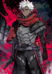 1boy akira_(kaned_fools) armor arms_at_sides belt black_gloves black_pants black_shirt boots breastplate brown_eyes cape capelet closed_mouth cowboy_shot curtained_hair dark-skinned_male dark_skin emiya_kiritsugu emiya_kiritsugu_(assassin) expressionless fate/grand_order fate_(series) gloves grey_belt grey_boots holding holding_knife hood hood_down hooded_capelet knife knife_sheath long_sleeves looking_at_viewer male_focus official_art pants phantasm_punishment_(fate) red_cape red_capelet sheath shirt short_hair shoulder_armor solo splatter standing thigh_strap third-party_source variant_set waist_cape white_hair