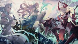3girls aqua_hair armor armored_leotard bare_shoulders blue_eyes blue_gemstone breasts character_request cleavage colored_skin copyright_name copyright_notice detached_sleeves dress gem gradient_hair grey_dress grey_sleeves highres horns hoshizaki_reita large_breasts leg_armor leotard long_hair multicolored_hair multiple_girls official_art pink_hair red_horns revived_witch second-party_source thighhighs thighs very_long_hair white_hair yostar