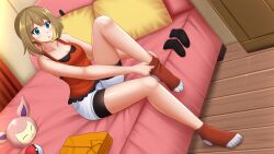 1girl :o bare_arms bare_shoulders black_shorts blue_eyes blush brown_hair camisole commission curtains dutch_angle gen_3_pokemon hair_between_eyes highres indoors kazenokaze knee_up may_(pokemon) nintendo no_shoes on_bed parted_lips pillow poke_ball poke_ball_(basic) pokemon pokemon_oras red_camisole red_socks short_shorts shorts shorts_under_shorts sidelocks sitting skitty sock_pull socks solo white_shorts wooden_floor