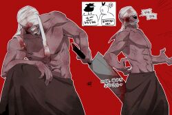 Rule 34 | 1boy, bandaged head, bandages, bbabbamis2, blood, bloody bandages, bloody weapon, brown skirt, commentary request, emphasis lines, grin, highres, holding, holding machete, holding weapon, homicipher, korean commentary, korean text, male focus, mr. machete, multiple views, muscular, muscular male, red background, sharp teeth, skirt, smile, teeth, topless male, translation request, weapon