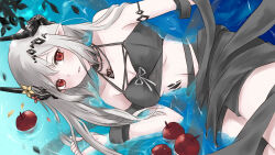 1girl afloat apple arknights bikini black_bikini black_horns breasts cleavage commentary food fruit grey_hair highres horns light_blush light_particles long_hair material_growth medium_breasts mudrock_(arknights) mudrock_(silent_night)_(arknights) navel official_alternate_costume oripathy_lesion_(arknights) parted_lips pointy_ears red_eyes solo swimsuit water you_steelo
