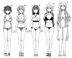 Rule 34 | 5girls, absurdres, akizuki (kancolle), alternate costume, bikini, breasts, cleavage, cutoffs, denim, denim shorts, frilled bikini, frills, front-tie bikini top, front-tie top, full body, fuyutsuki (kancolle), hair flaps, hatsuzuki (kancolle), highres, kantai collection, kiritto, large breasts, long hair, looking at viewer, lowleg, lowleg bikini, monochrome, multiple girls, one side up, open clothes, open shirt, ruffle bikini, sandals, shirt, short hair, short shorts, shorts, side-tie bikini bottom, straight-on, suzutsuki (kancolle), swimsuit, teruzuki (kancolle), tied shirt