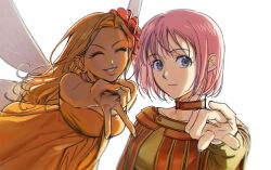 2girls blonde_hair blue_eyes bob_cut choker closed_eyes closed_mouth commentary_request dragon_quest dragon_quest_ix dress fairy fairy_wings fingernails floating_hair flower gyaru_v hair_flower hair_ornament heroine_(dq9) looking_at_viewer multiple_girls orange_dress pink_hair sandy_(dq9) sharp_fingernails short_hair simu_rr smile strapless strapless_dress upper_body v white_background wings