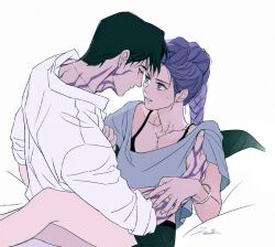 1boy 1girl black_hair bracelet braid braided_ponytail earrings eye_contact hashtag-only_commentary jewelry jinu_(kpop_demon_hunters) juneseo kpop_demon_hunters looking_at_another necklace purple_eyes purple_hair rumi_(kpop_demon_hunters) shirt shorts signature simple_background sweatdrop white_background white_shirt