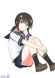 1girl absurdres black_hair blue_sailor_collar blue_skirt brown_hair dress fubuki_(kancolle) highres kantai_collection looking_at_viewer low_ponytail medium_hair pleated_dress ponytail robinson_(day_l_full) sailor_collar sailor_shirt school_uniform serafuku shirt short_ponytail short_sleeves sidelocks simple_background sitting skirt solo white_background white_shirt
